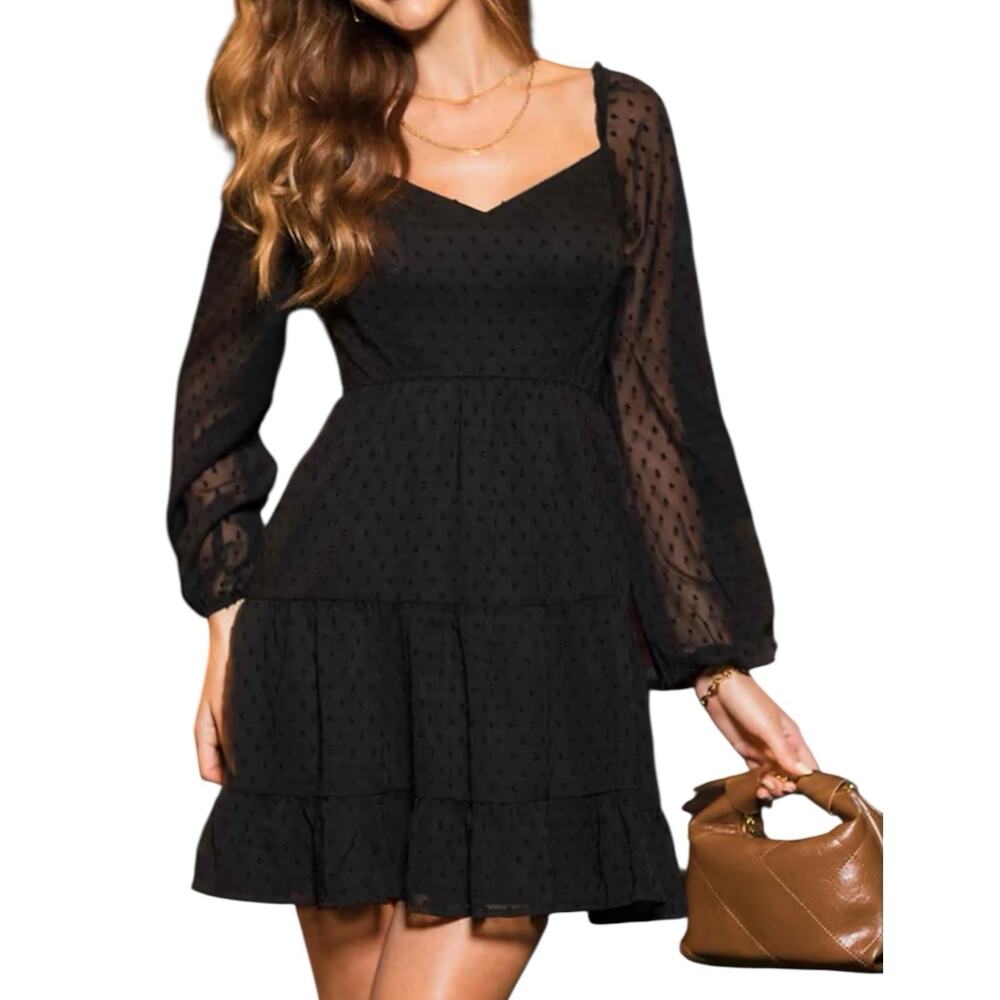 NWT CUPSHE Black Diamond Neck Sheer Long Sleeve Swiss Dot Mini Dress XL